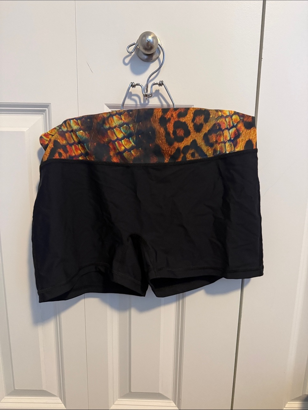 Black Athletic Fold-Over Waist Shorts with Orange Leopard-Print Band